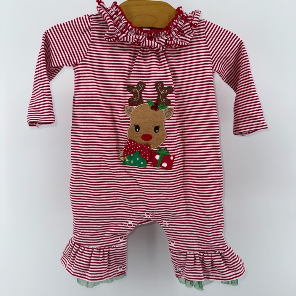Bonnie Baby Red Striped Reindeer Baby Romper